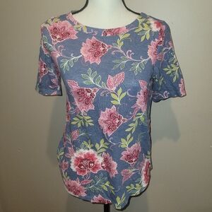 LOFT Floral Short Sleeve Top - Pink and Blue